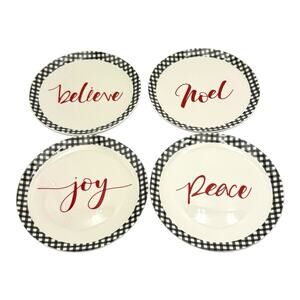 Farmhouse Black‎ Red Christmas Plates Set 4 Dessert Joy Peace Noel Believe NWOT